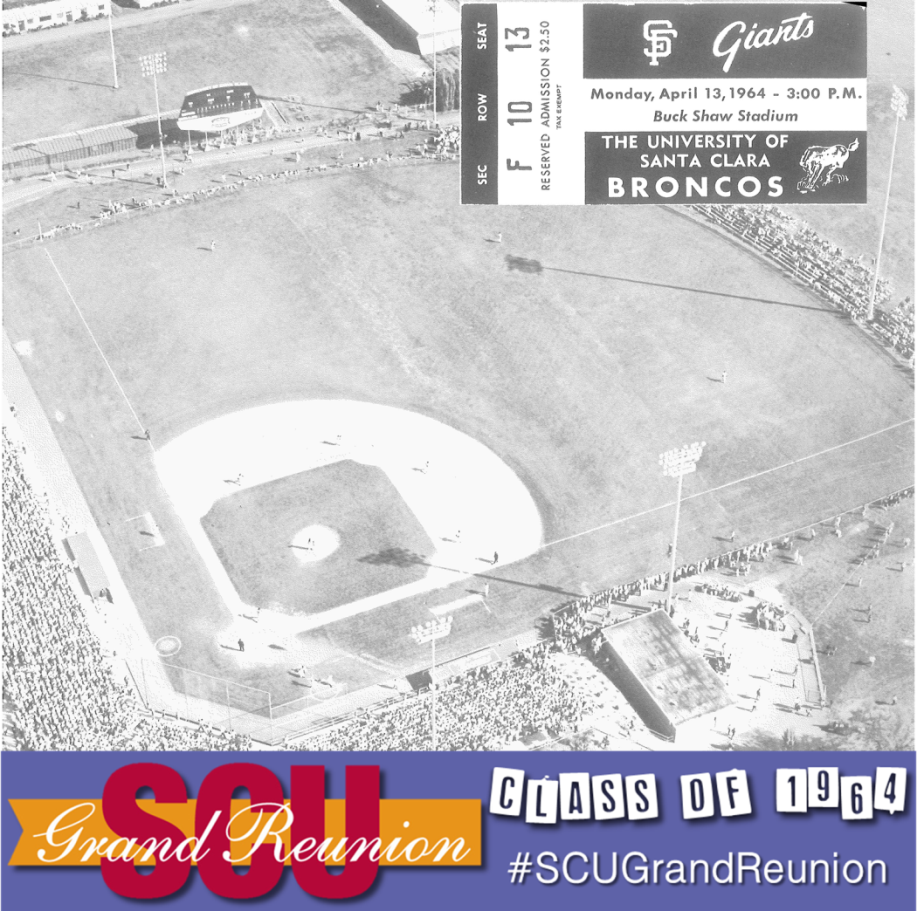 Aerial view of baseball field with the text SCU and Santa Clara University.