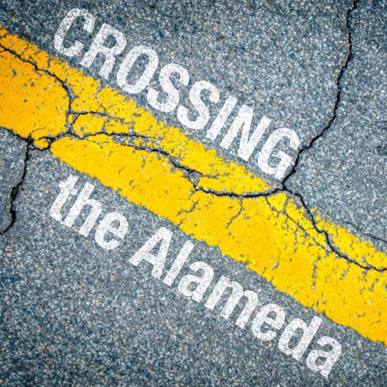 An image of a street with asphalt and a yellow line with crossing the alameda text written on it