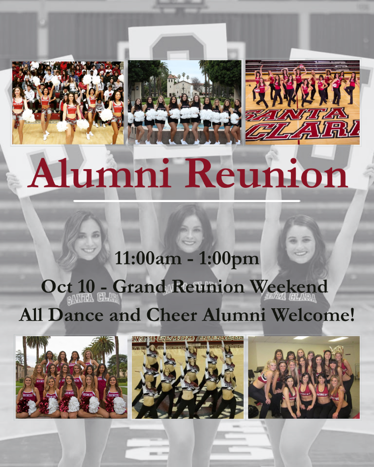 Three dance team members holding pom poms with three group photos above and three below and text in the middle