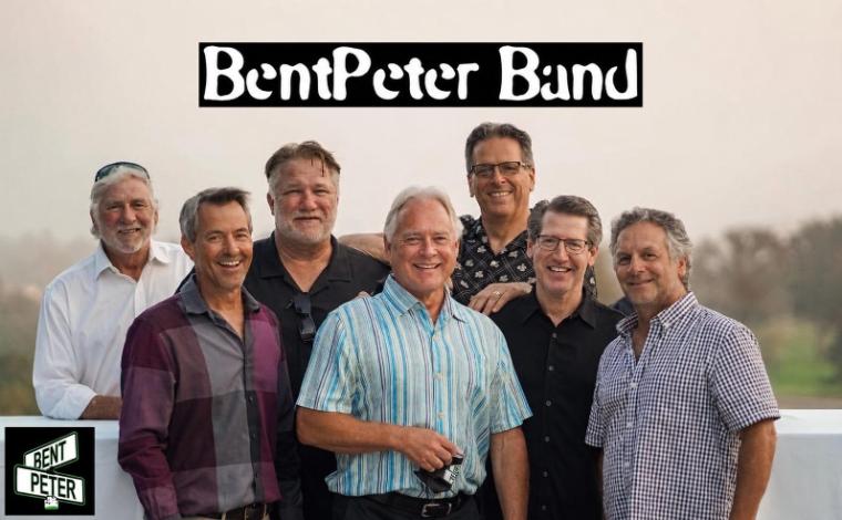 Members of the BentPeter band standing together with their band name at the top of the image