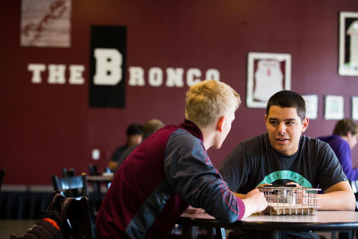 Two people conversing in a cafe with The Bronco sign.