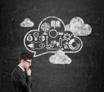 A person thinking with illustrations related to career and major options above their head.