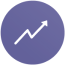 White upward arrow with jagged path on a purple circle.