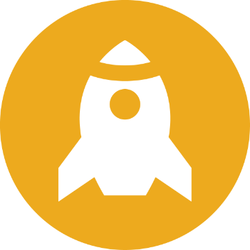 White rocket icon on an orange circular background.