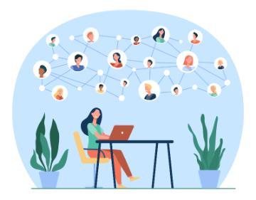 Illustration of a person on a laptop interacting with multiple online profiles.