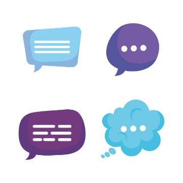 Four speech bubbles with text and dots indicating conversation.