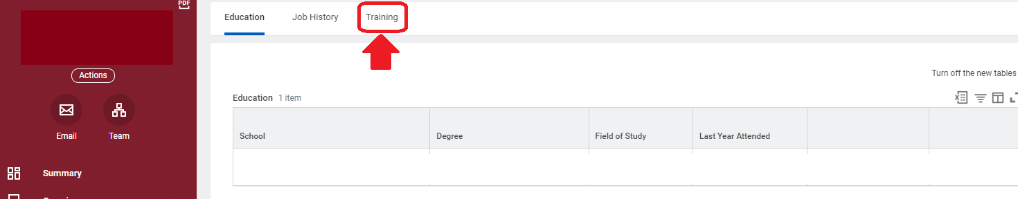 Navigate to the third tab from the left, Training.