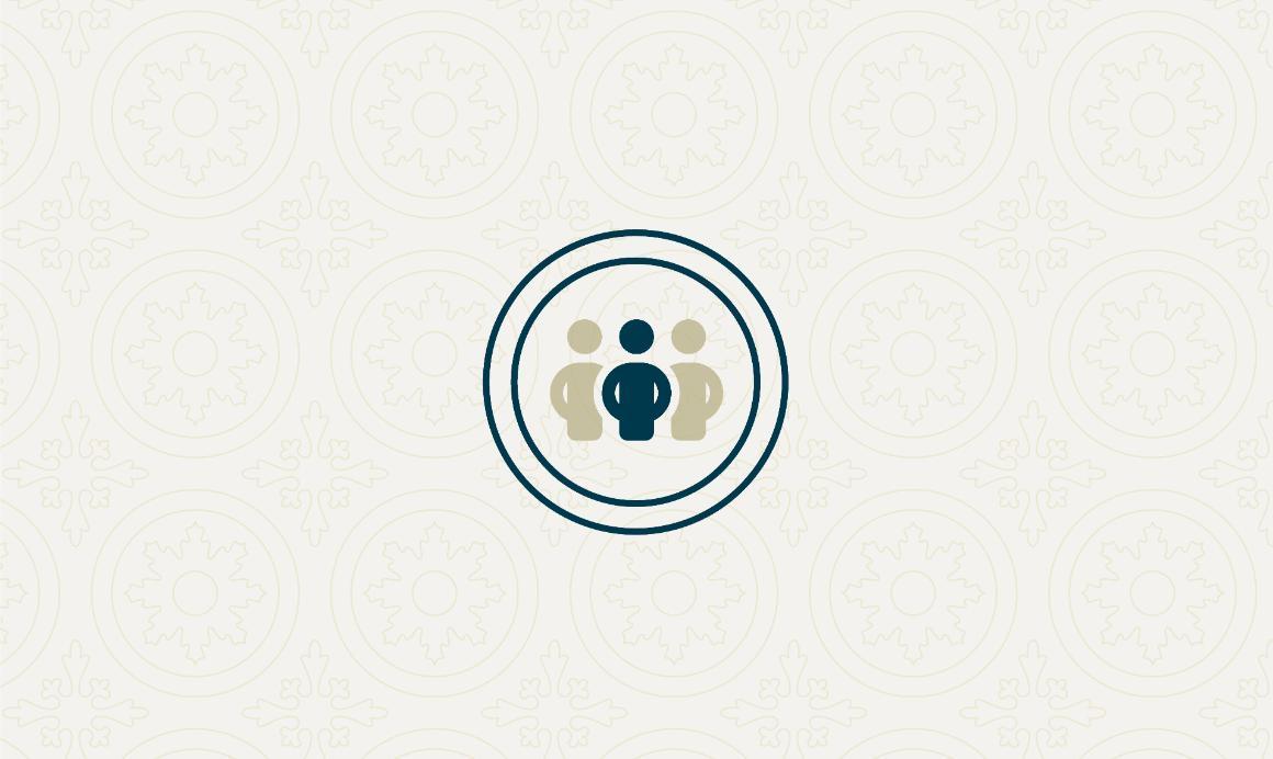 Three human figures standing side by side inside a circle against a patterned background.