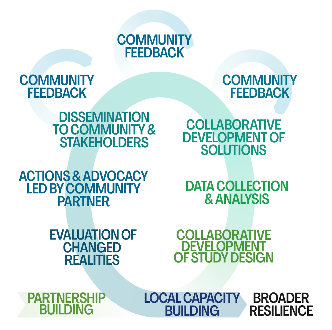 diagram of the steps from partnership building to local capacity building and broader resilience with iterative community feedback