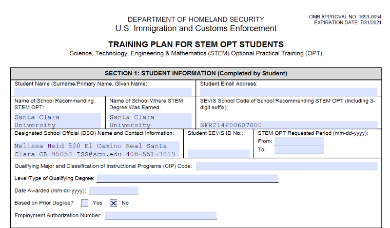 I-983 Section 1 Student Info form filled out by Melissa.