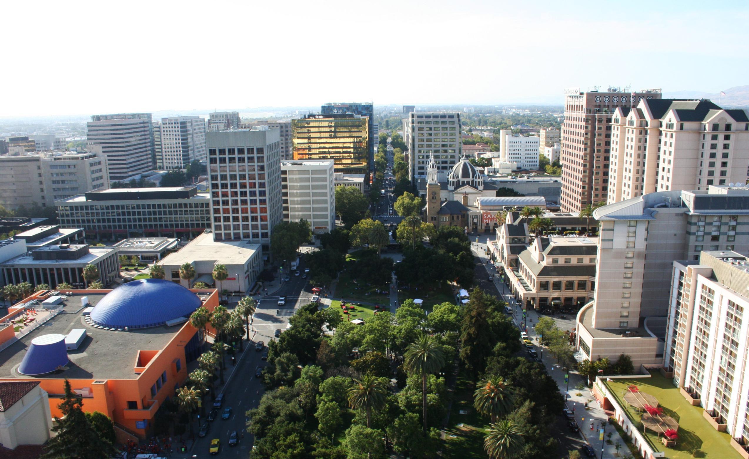 Plaza de Cesar Chavez with trees and buildings