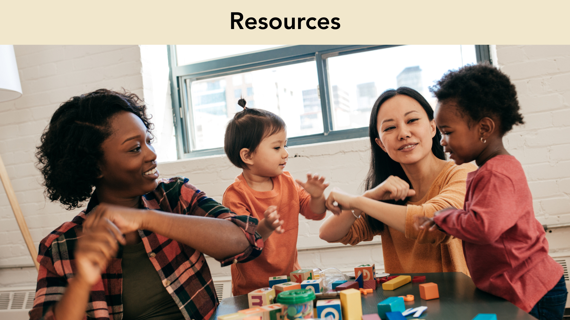 toddlers and adults playing with text that says resources running across top