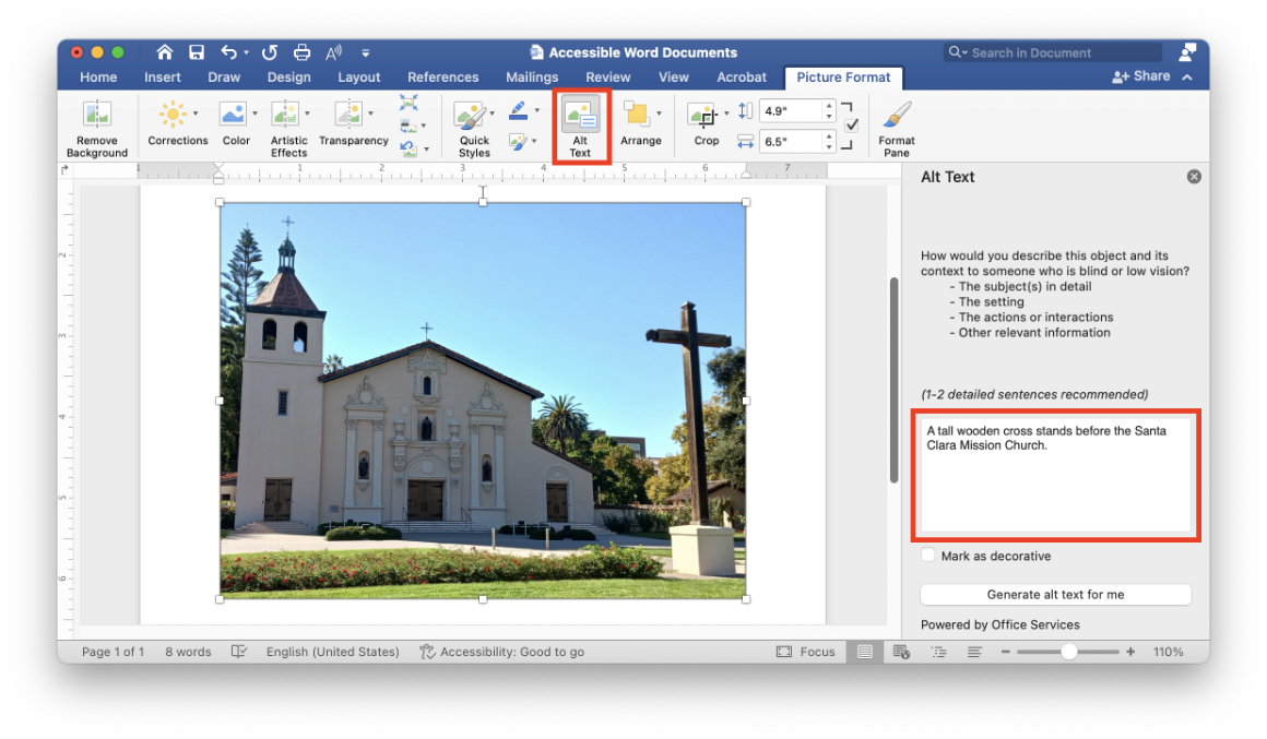 An image of the Santa Clara Mission Church is selected in Microsoft Word. The Alt Text button in the Picture Format tab is highlighted as well as the alt text in the Alt Text pane.