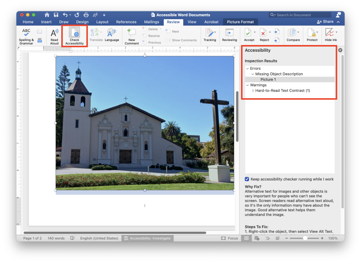 The Check Accessibility button is highlighted within the Review tab in Microsoft Word. The Accessibility pane and inspection results are also highlighted, showing an error and a warning.