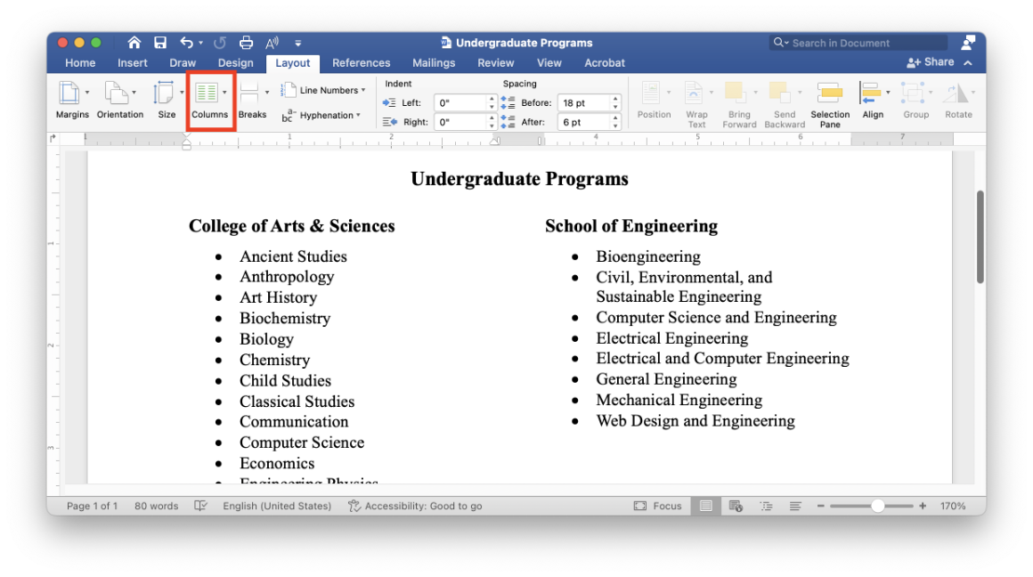 A Word document listing undergraduate programs in Arts and Sciences and in Engineering in two columns. In the Layout tab, the Columns control is highlighted.
