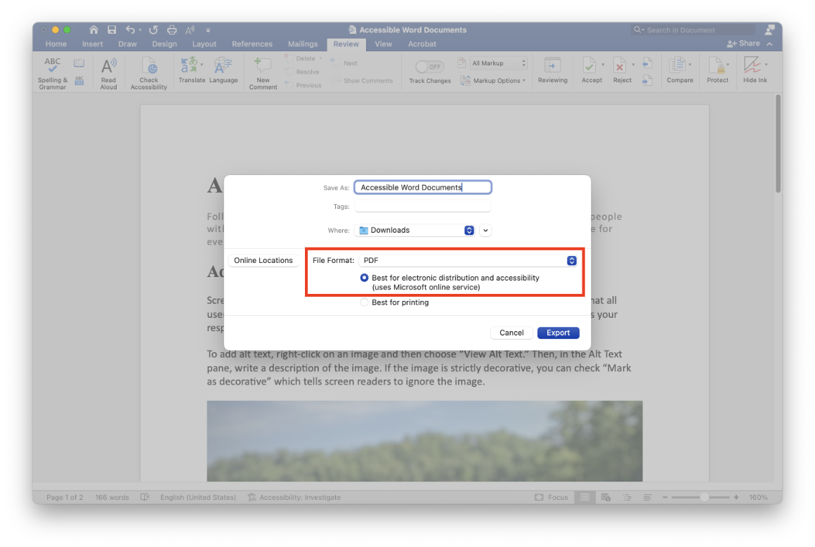 Save As dialog in Microsoft Word. PDF is selected for file format and the Best for electronic distribution and accessibility option is checked.