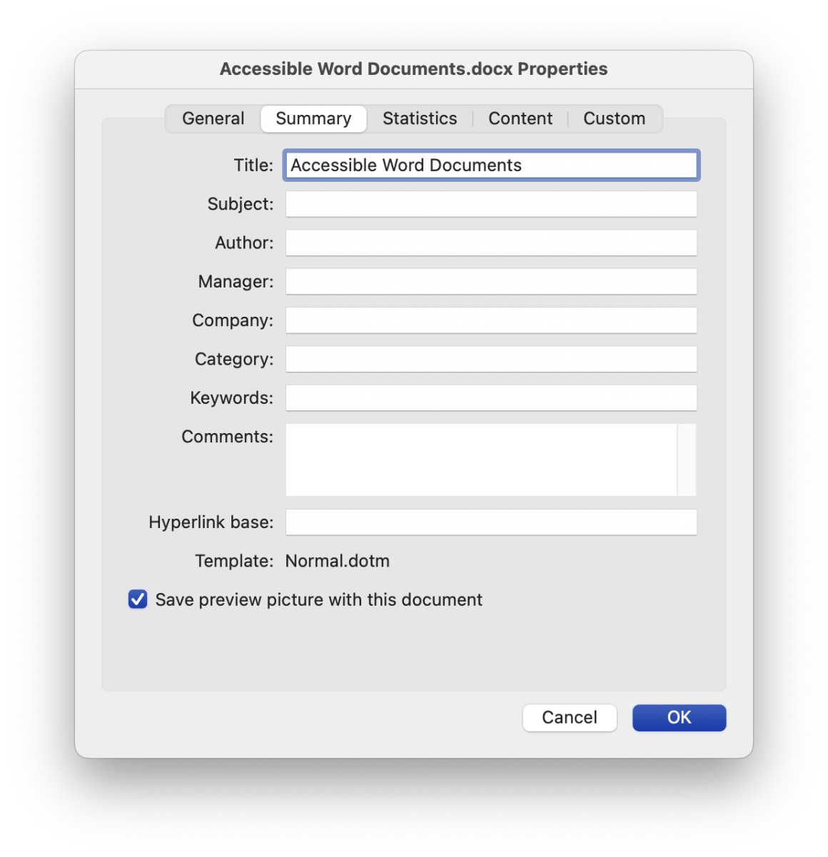 In the document properties dialog, in the summary tab, the title field is set to Accessible Word Documents.
