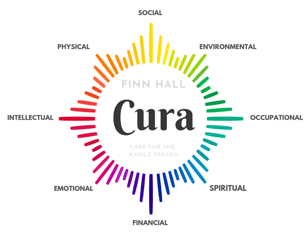Cura logo with colorful rays and well-being categories.
