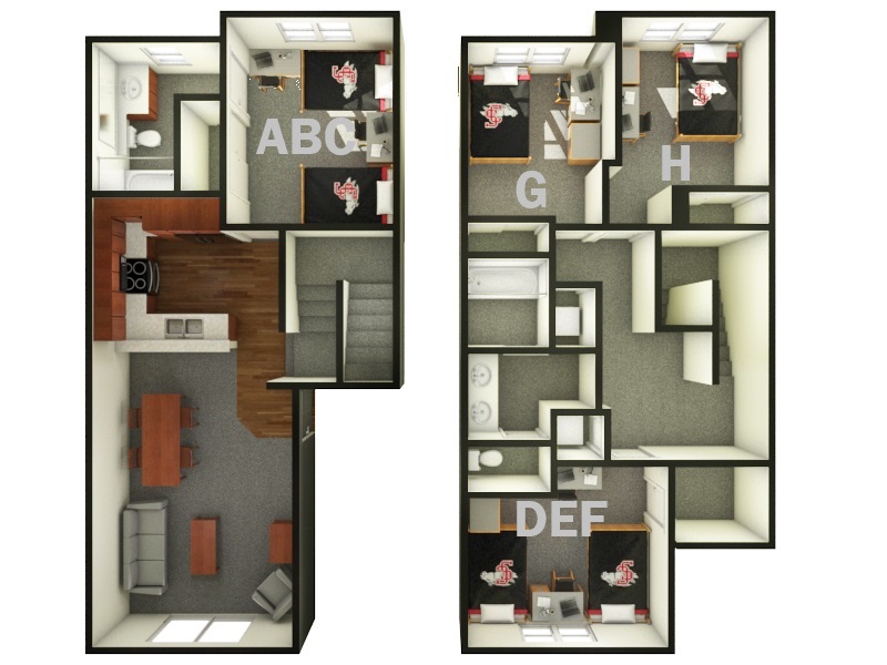 Floor plan of a two-story, four-bedroom University Villa.