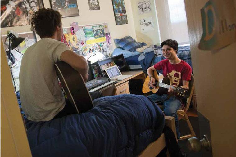 Roommates hanging out in Swig Hall. 