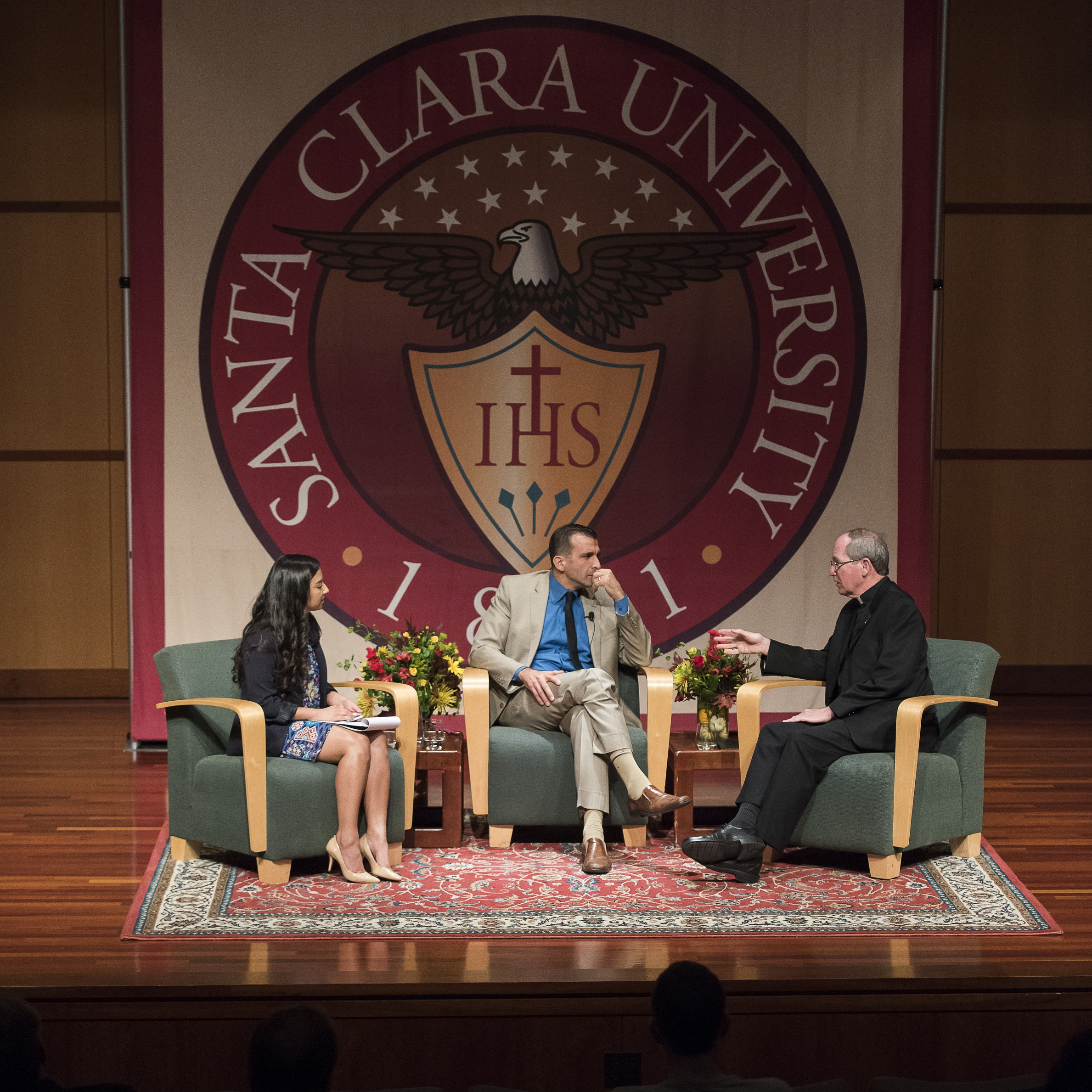 Mayor Sam Liccardo in discussion with Michael Engh, S.J., at a Town Hall at SCU sponsored by Silicon Valley Leadership Group.