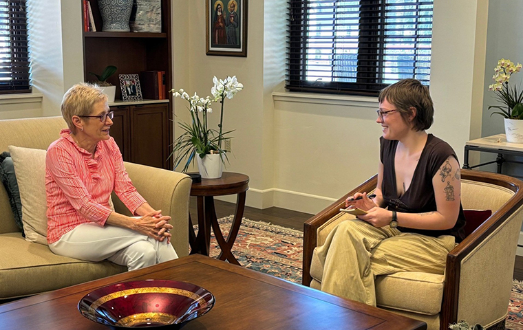 President Sullivan speaking to TSC Editor Rhiannon Briggs in Presidents Office