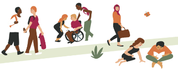 A doodle of large group of students on campus.