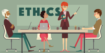 Illustration of woman standing in front of board with the word Ethics.