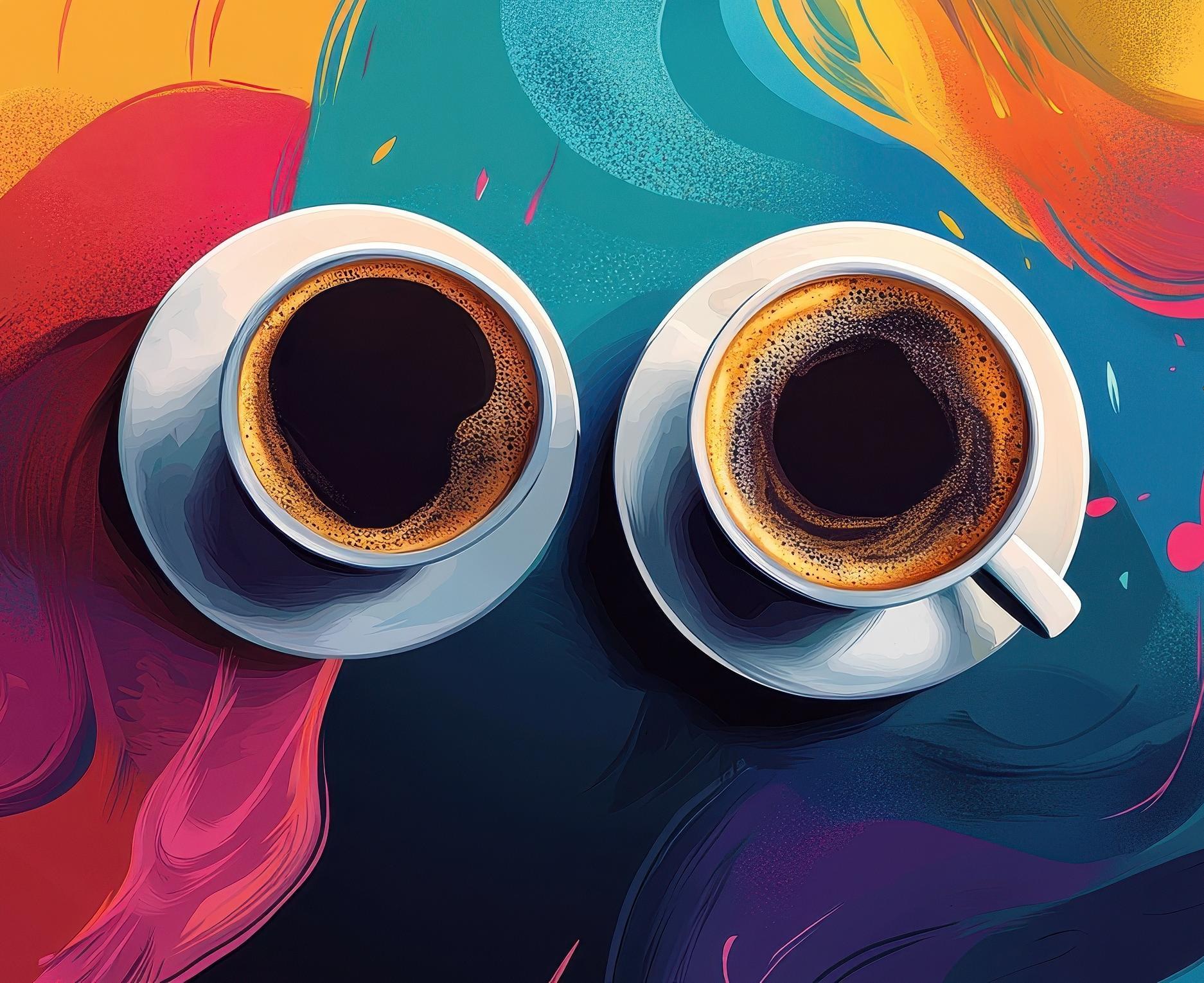 2 coffee cups on a colorful table