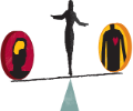 A woman trying to make a head and a heart balance on a scale