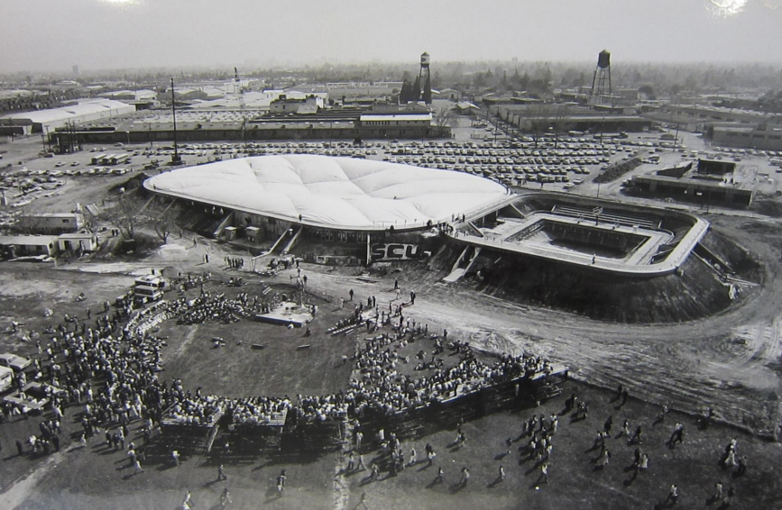 Leavey Activities Center during Feburary 1975 with basketball, pool, running track, and weight room