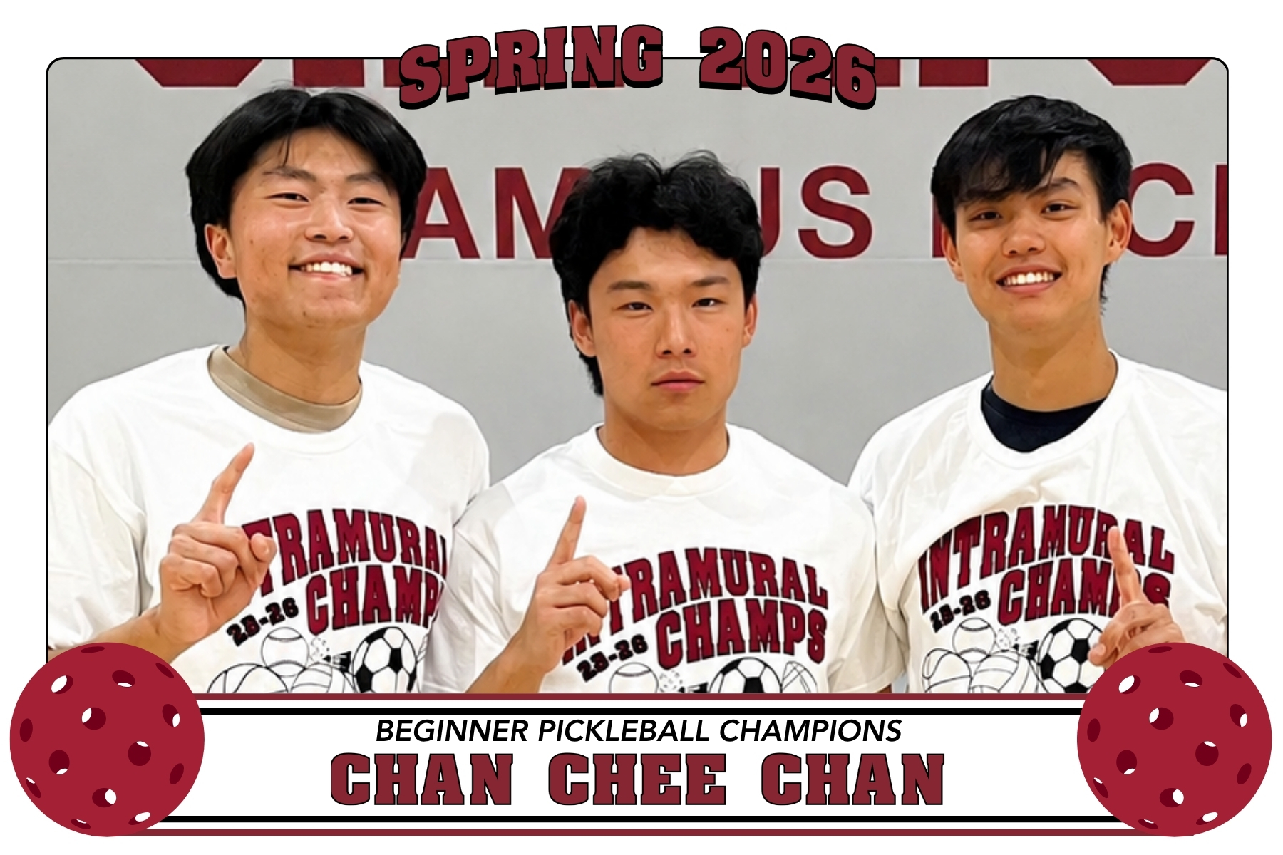 Photo of Chan Chee Chan posing in the Malley Courts with their IM Champion Shirts