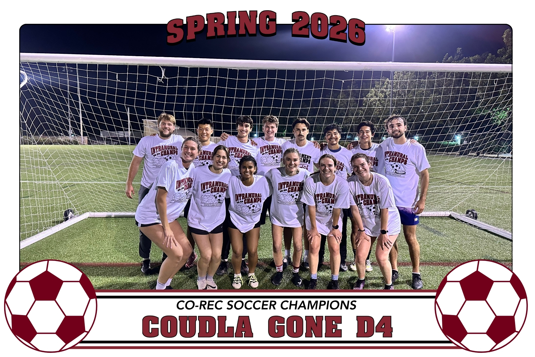 Photo of Coulda Gone D4 posing on Bellomy Field with their IM Champion Shirts