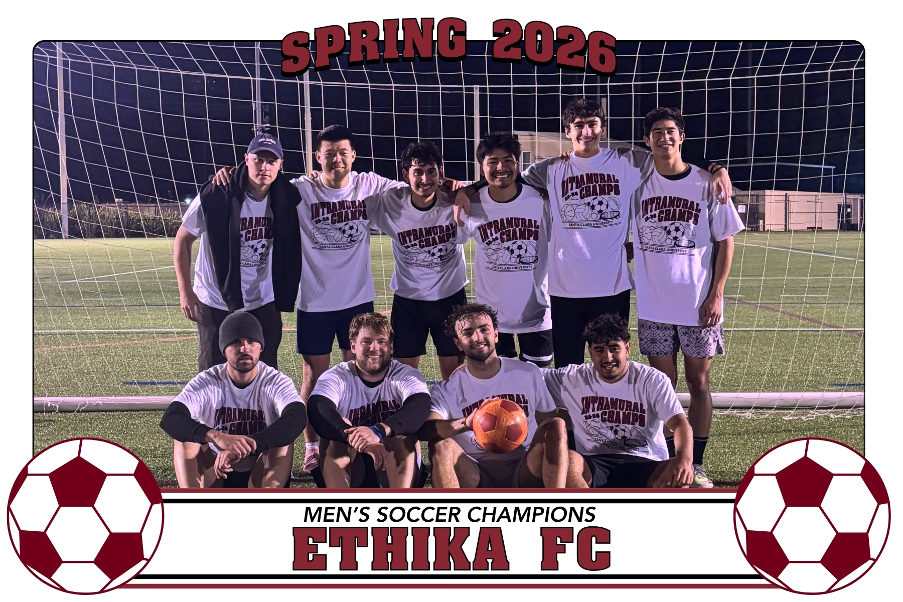 Photo of Ethika FC posing on Bellomy Field with their IM Champion Shirts
