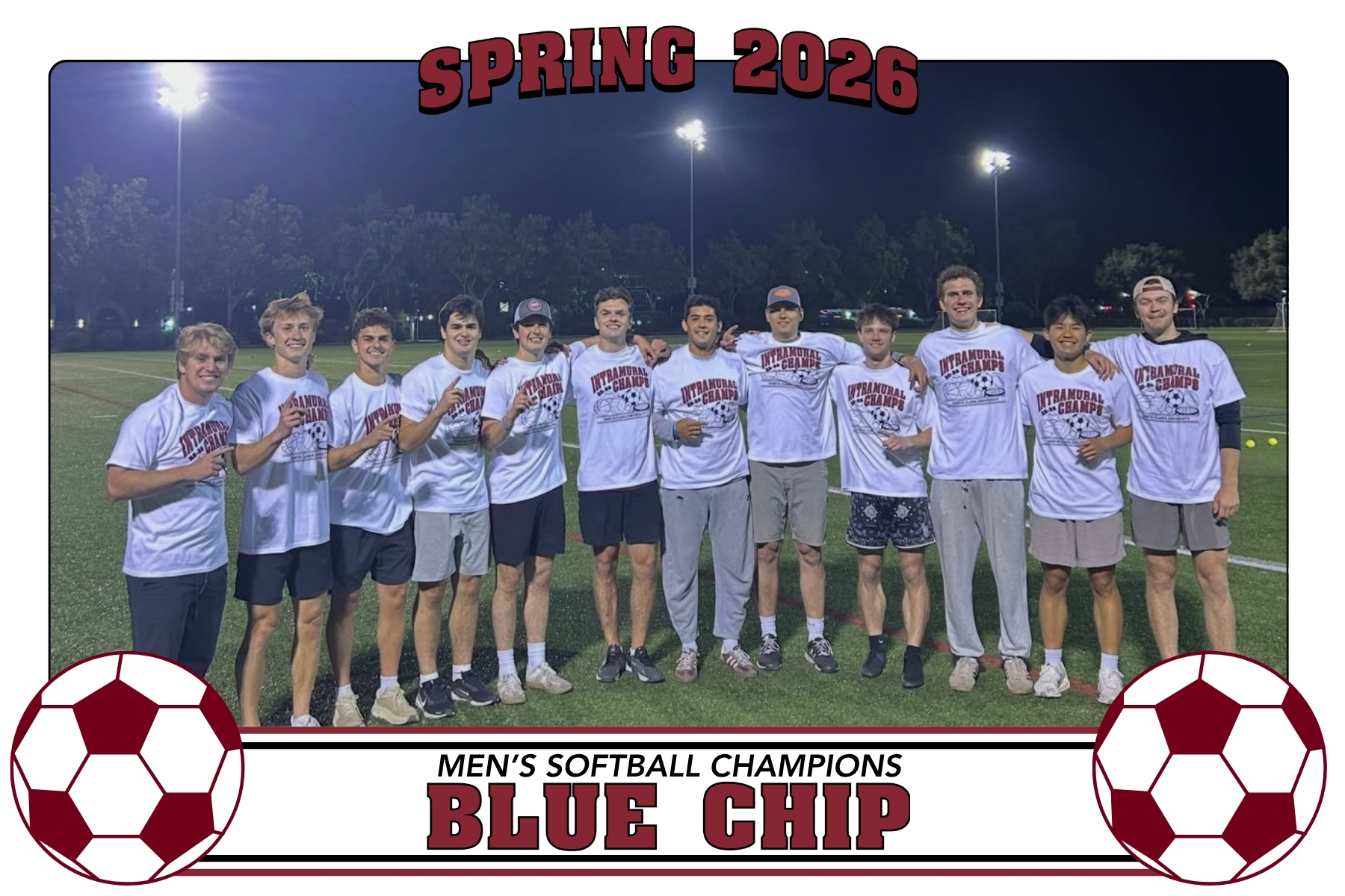 Photo of Blue Chip posing on Bellomy Field with their IM Champion Shirts