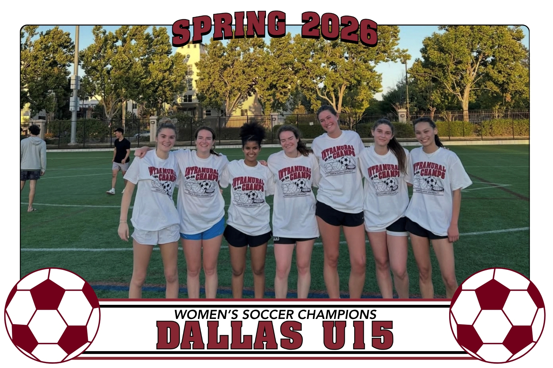 Photo of Dallas U15 posing on Bellomy Field with their IM Champion Shirts