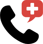 Red cross icon above a black telephone receiver.