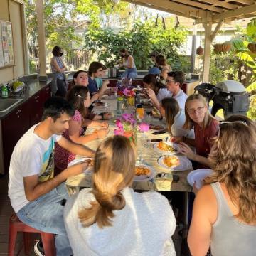 people eating at a communal table