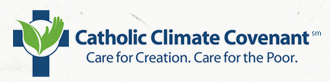 Logo of Catholic Climate Covenant with green leaves and a cross. Text: Catholic Climate Covenant. Care for Creation. Care for the Poor.