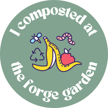 Round sticker with cartoon worm, fly, and food scraps, and text I composted at the forge garden