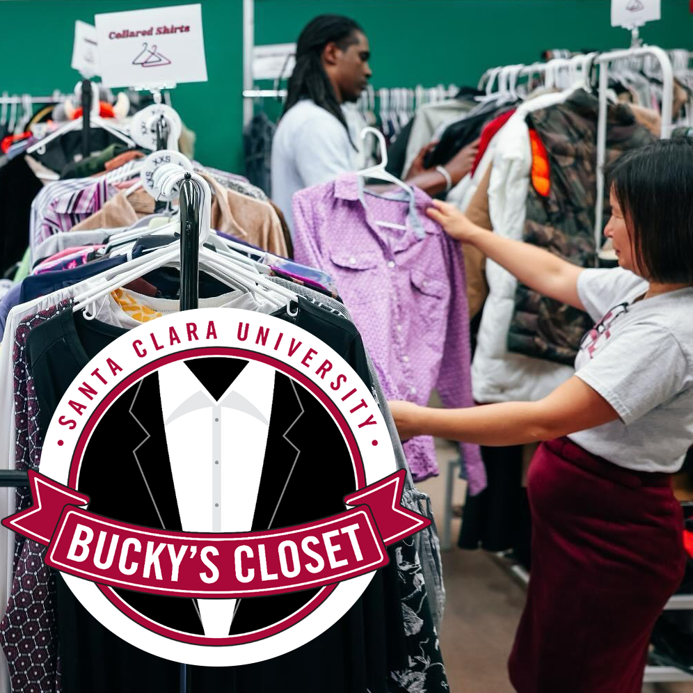 Two people shopping in Buckys Closet Thrift Store, with the Buckys Closet logo in the lower left.
