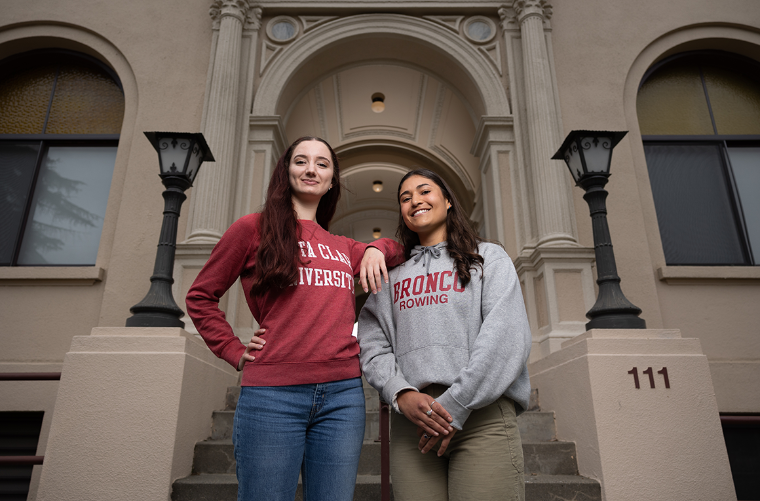 Emily Pachoud 23 and Ana Martinez 23 have been researching disability accessibility in climate disaster planning in SCUs OConnor Hall. Photo by Jim Gensheimer.