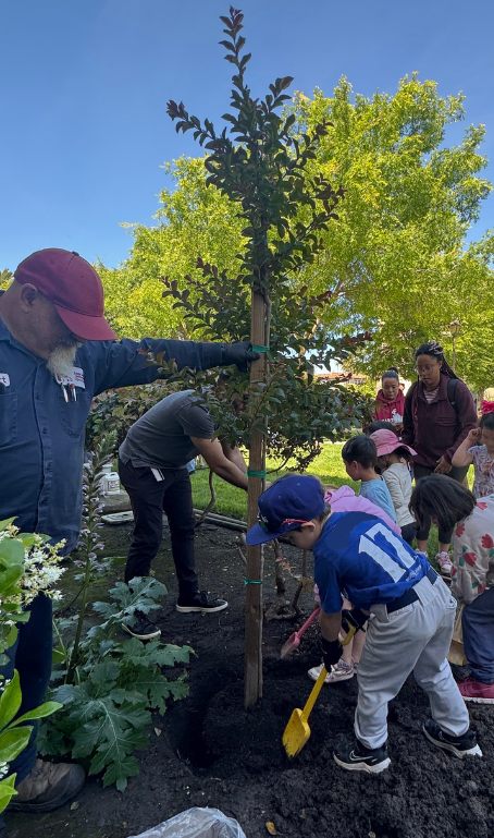 Arbor Day 2026: Group of KOC kids with plastic shovels plating a tree with a staff member