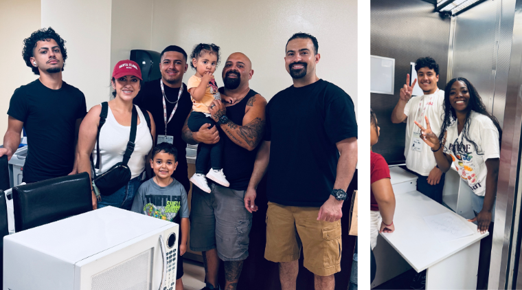 Photo of fmalt members posing with a student during Bronco Surplus, and students moving shelving items in an elevator.