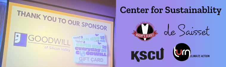 Logos of EcoFashion Show 2026 partners Center for Sustainability, Buckys Closet, de Saisset, KSCU, and turn climate action, and a screen showing Thank you to our sponsor with Goodwill of Silicon Valley logo and gift cards.