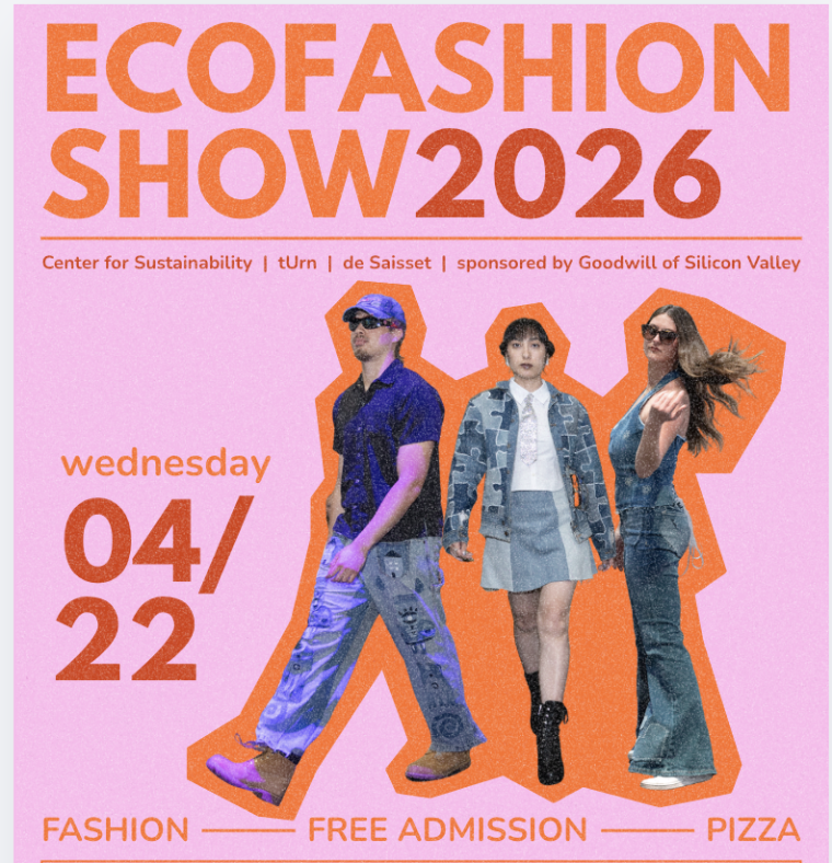 EcoFashion Show 2026 poster with image of 3 models and text Wednesday 4/22 Fashion, Free Admission, Pizza