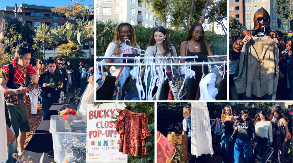 Collage of Harvest Fest 2025 with students trying on costumes at the Buckys Closet Costume Pop-IP