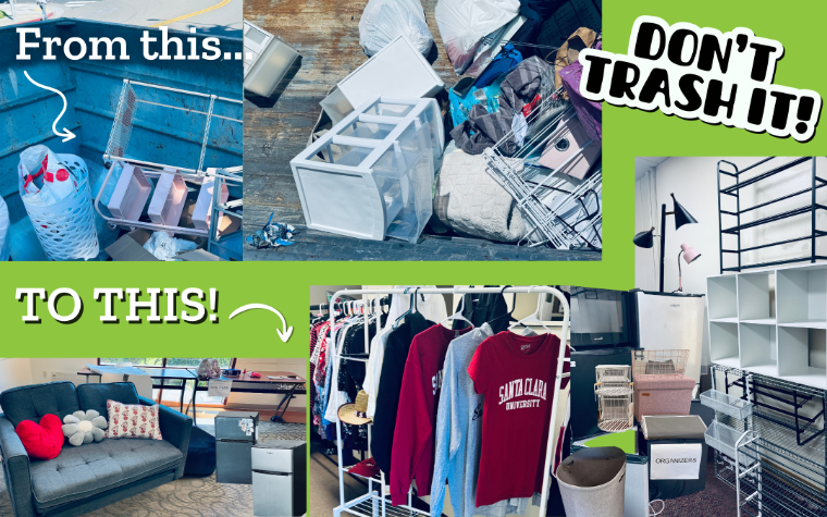 Zero Waste Moveout collage showing usable items in a dumpster, and saved items at move out marketplace