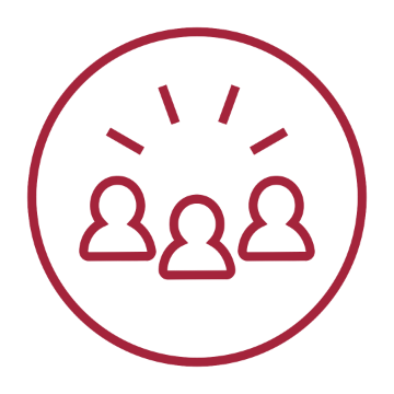 Community Engagement icon, three people with rays around them