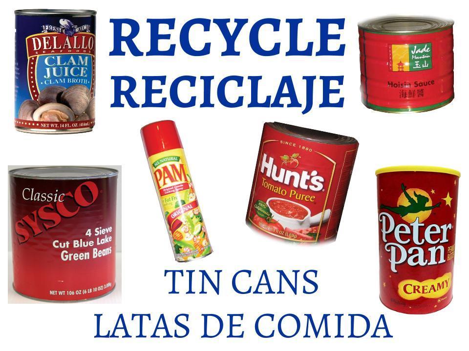 Recycle Reciclaje Tin Cans Latas de Comida with images of canned food.
